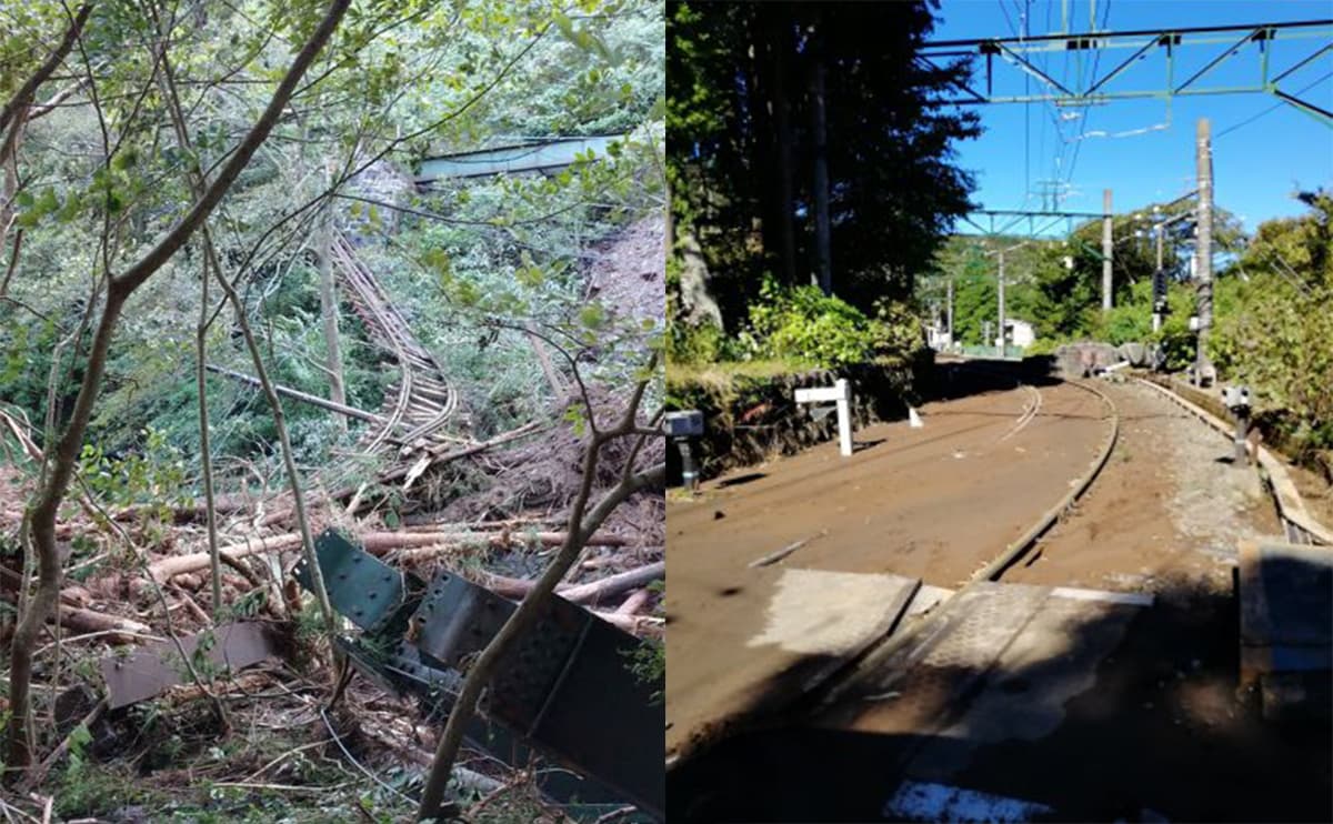 台風19号の影響で箱根・芦ノ湖氾濫！箱根登山鉄道の線路が土砂崩れで崩壊