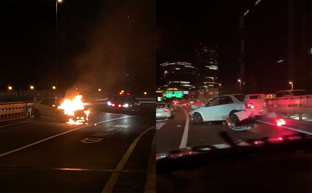 首都高で車両火災事故のスバル・インプレッサが無免許運転のマツダ・FD3Sに突っ込まれていた「タイヤ温めてました」